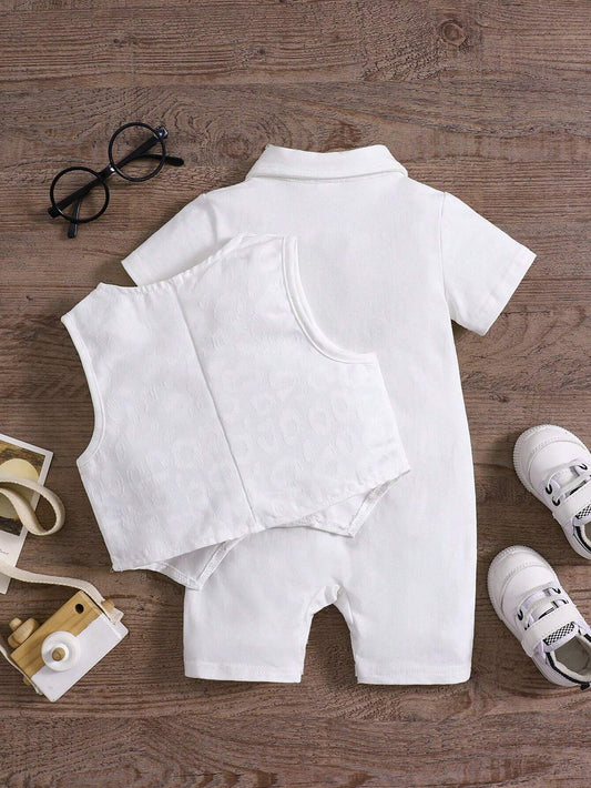 Baby Boy Woven Seersucker Embroidered Romper Shortall