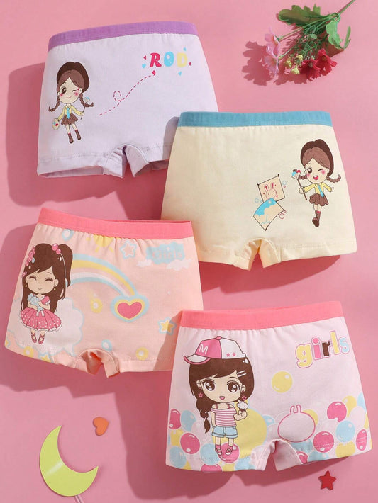 Young Girl 4pcs/Set Cute Pattern Boxy Briefs Multicolor
