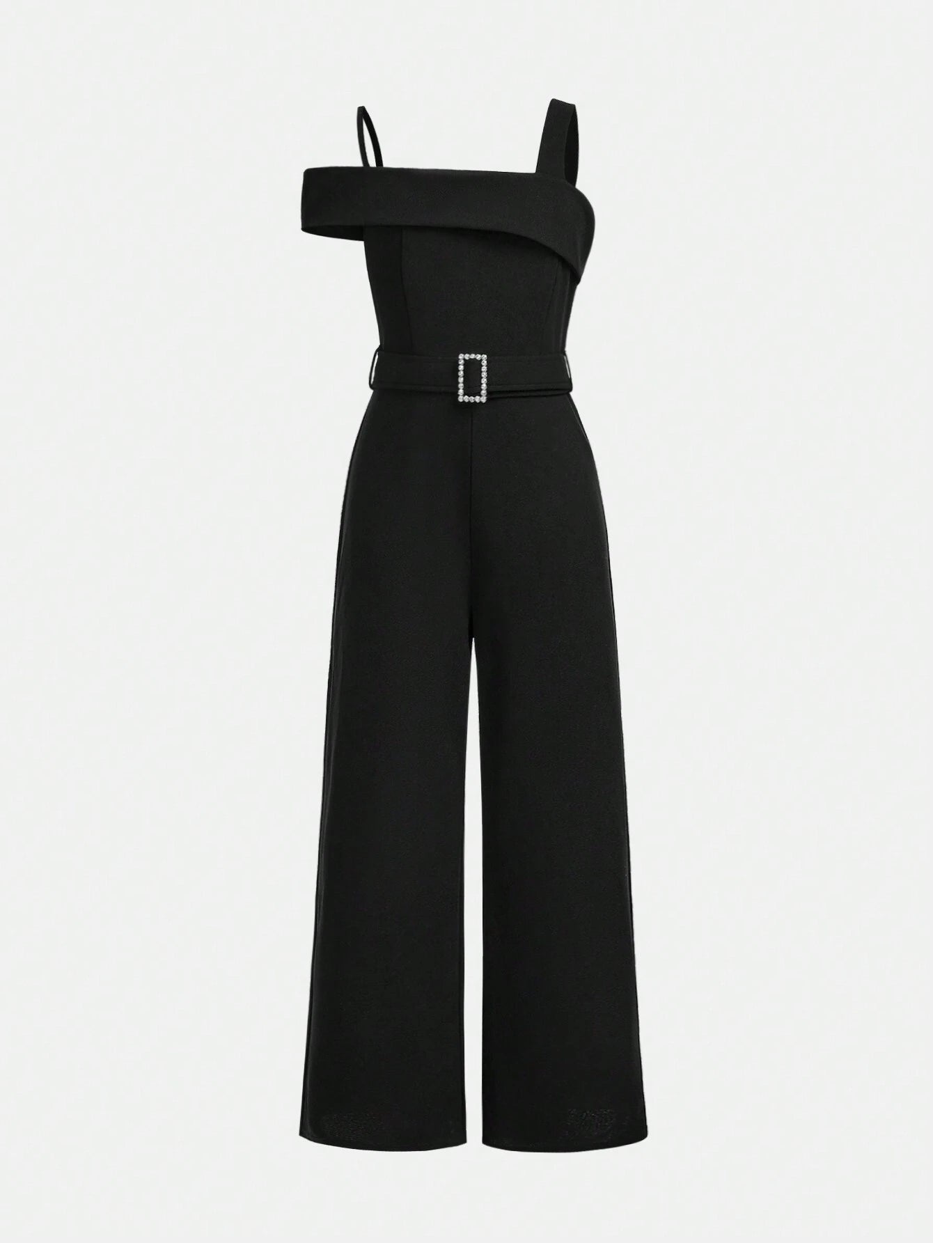 Tween Girl Daily Casual Woven Solid Color Strap Jumpsuit Black