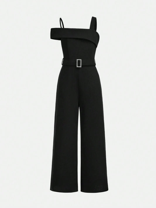 Tween Girl Daily Casual Woven Solid Color Strap Jumpsuit Black