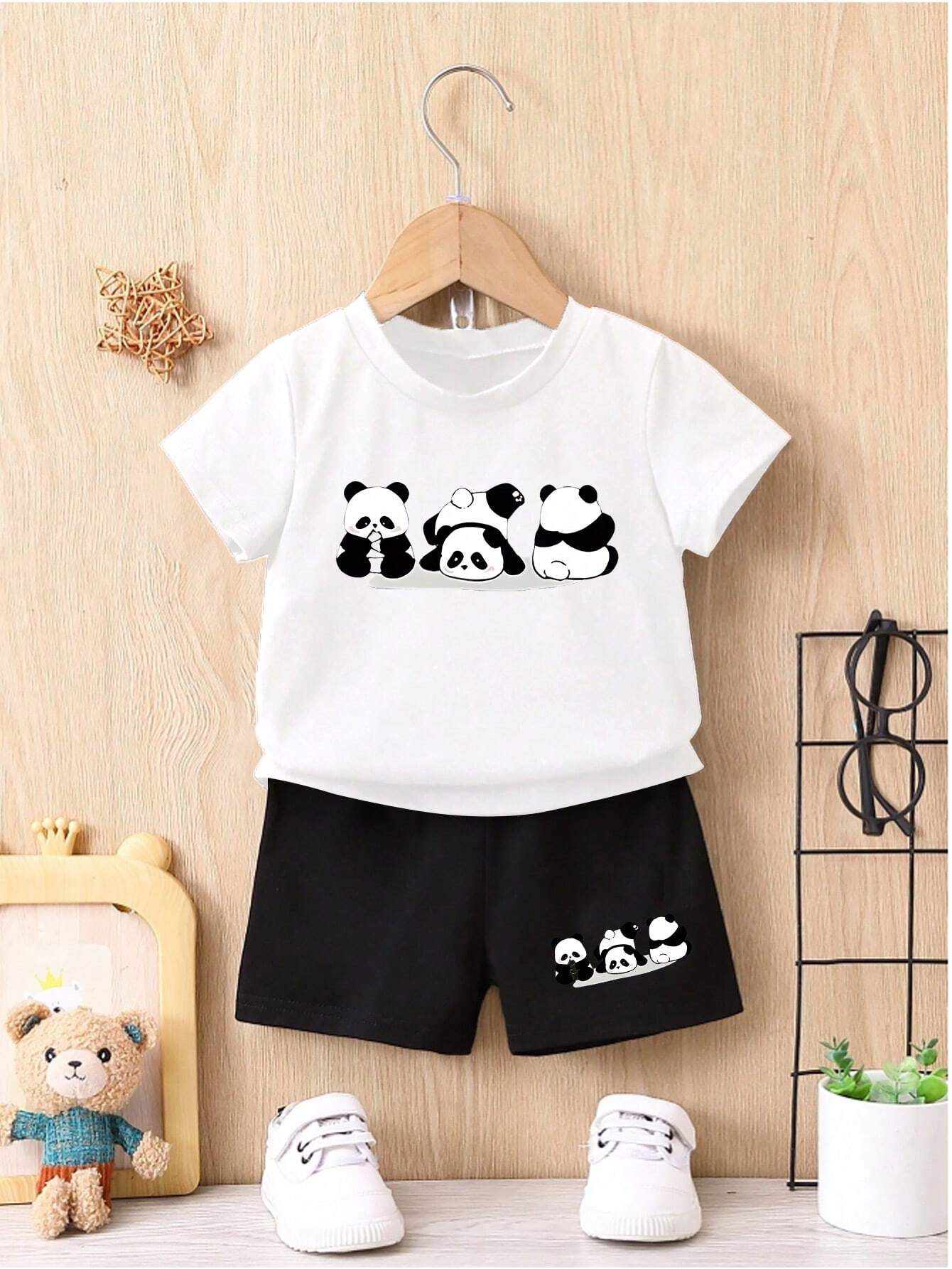 2pcs Baby Boy Casual And Sporty Outfits With Cute Panda Print Black & White