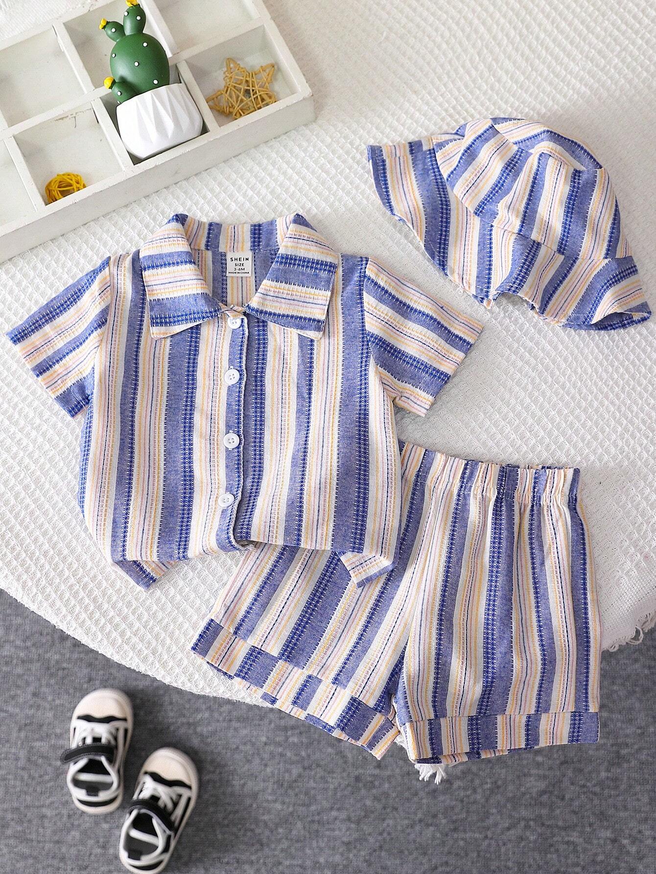 3-Piece Leisure Texture Striped Fabric Short Sleeve Shirt And Shorts And Hat Set Blue & White