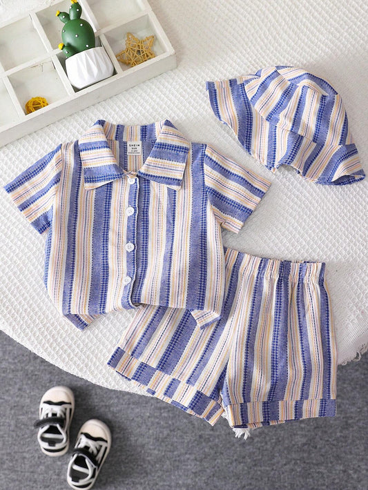 3-Piece Leisure Texture Striped Fabric Short Sleeve Shirt And Shorts And Hat Set Blue & White