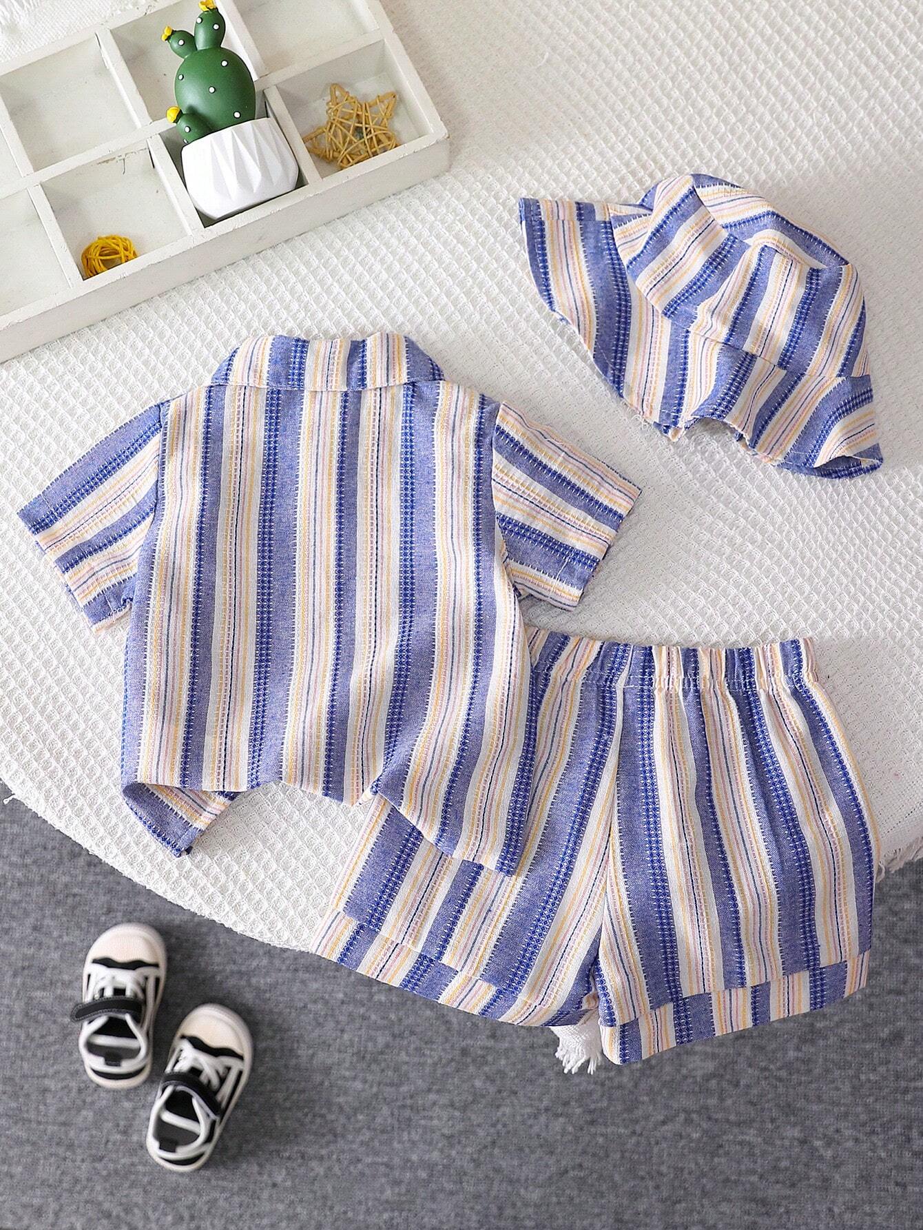 3-Piece Leisure Texture Striped Fabric Short Sleeve Shirt And Shorts And Hat Set