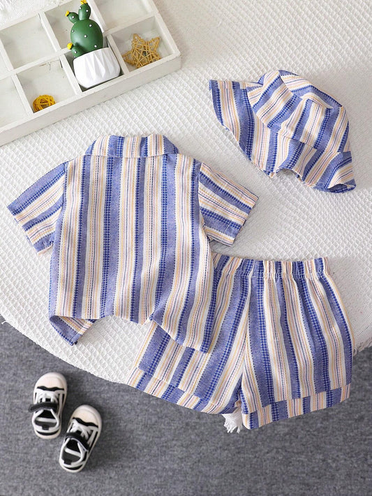 3-Piece Leisure Texture Striped Fabric Short Sleeve Shirt And Shorts And Hat Set