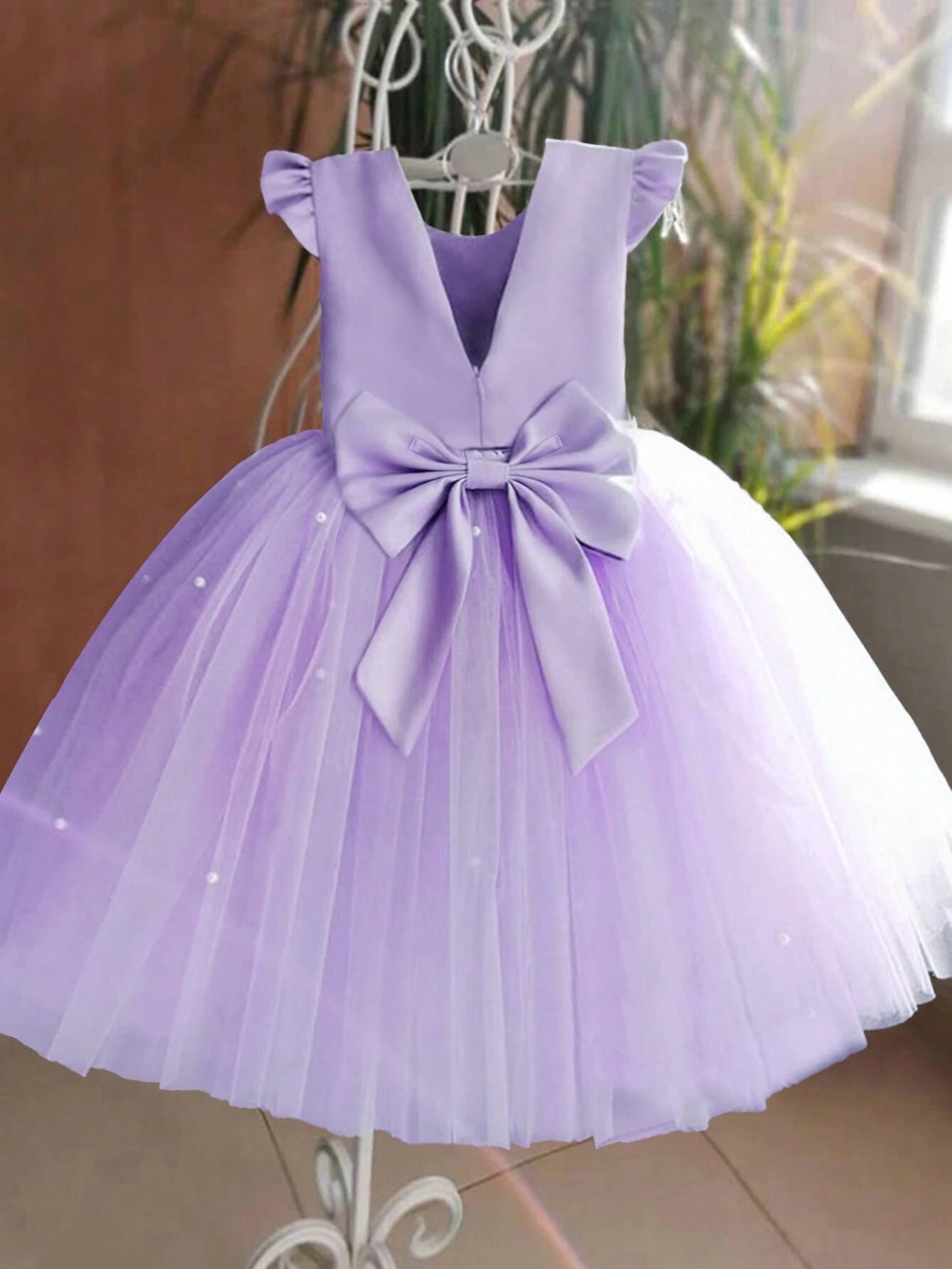 Girls' Flying Sleeve Mesh Tulle Princess Dress Mauve Purple