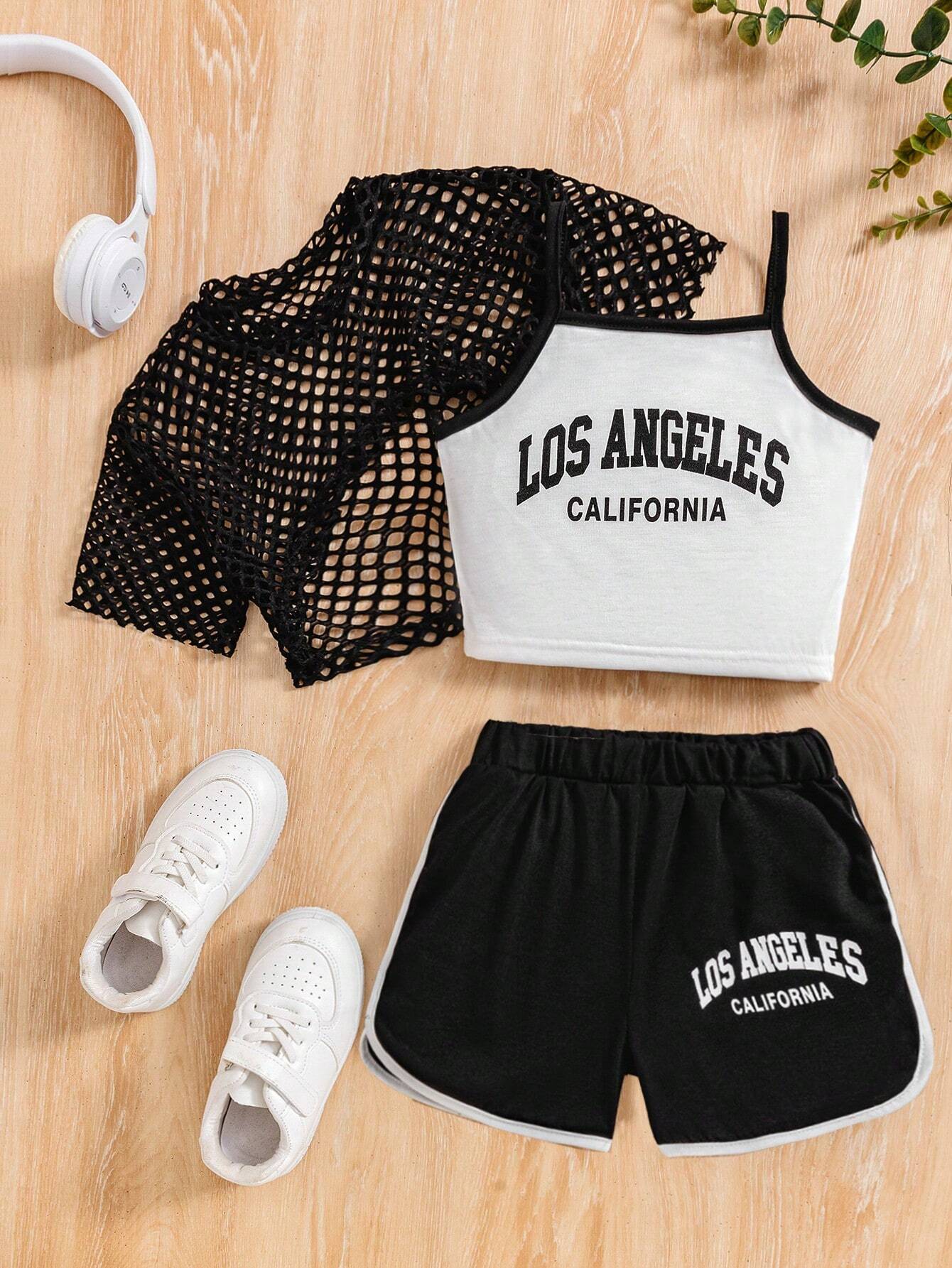 Young Girl Letter Print Color Block Trim Cami Vest Top & Mesh Crop Top & Shorts Black