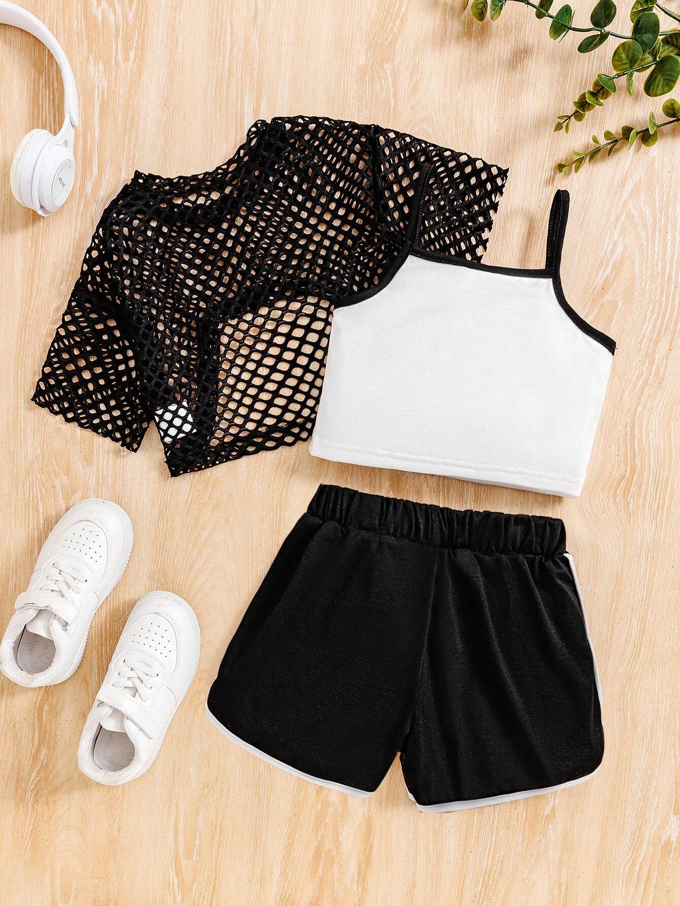 Young Girl Letter Print Color Block Trim Cami Vest Top & Mesh Crop Top & Shorts