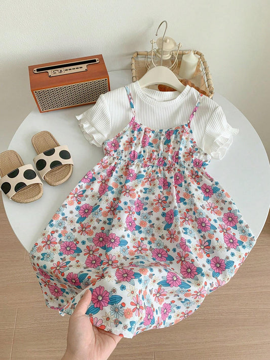 Young Girl Knitted Solid Color Round Neck Casual T-Shirt And Woven Floral Strappy Waist Dress Apricot
