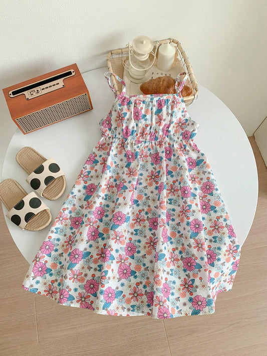 Young Girl Knitted Solid Color Round Neck Casual T-Shirt And Woven Floral Strappy Waist Dress