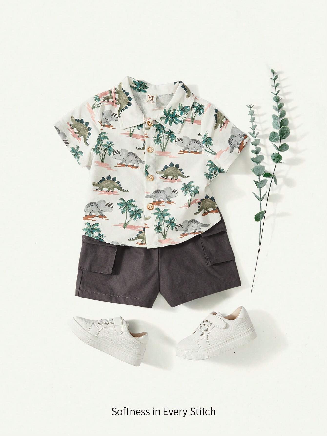 Baby Boys' Cartoon Dinosaur & Palm Tree Pattern Collared Short Sleeve Shirt With Side Pockets And Cargo Shorts Grey