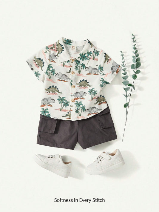 Baby Boys' Cartoon Dinosaur & Palm Tree Pattern Collared Short Sleeve Shirt With Side Pockets And Cargo Shorts Grey