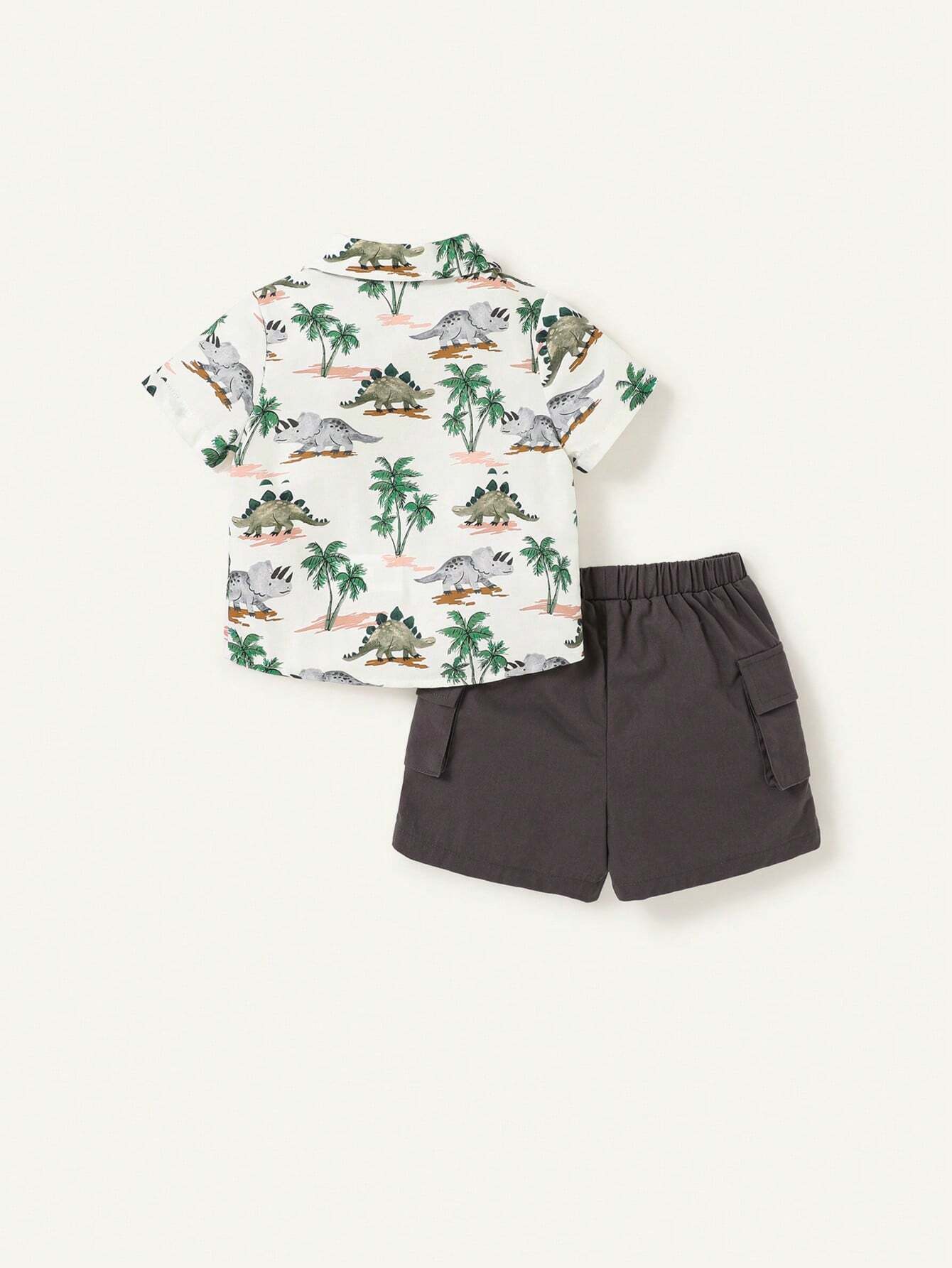 Baby Boys' Cartoon Dinosaur & Palm Tree Pattern Collared Short Sleeve Shirt With Side Pockets And Cargo Shorts