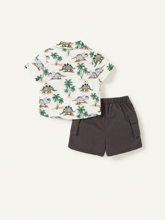 Baby Boys' Cartoon Dinosaur & Palm Tree Pattern Collared Short Sleeve Shirt With Side Pockets And Cargo Shorts