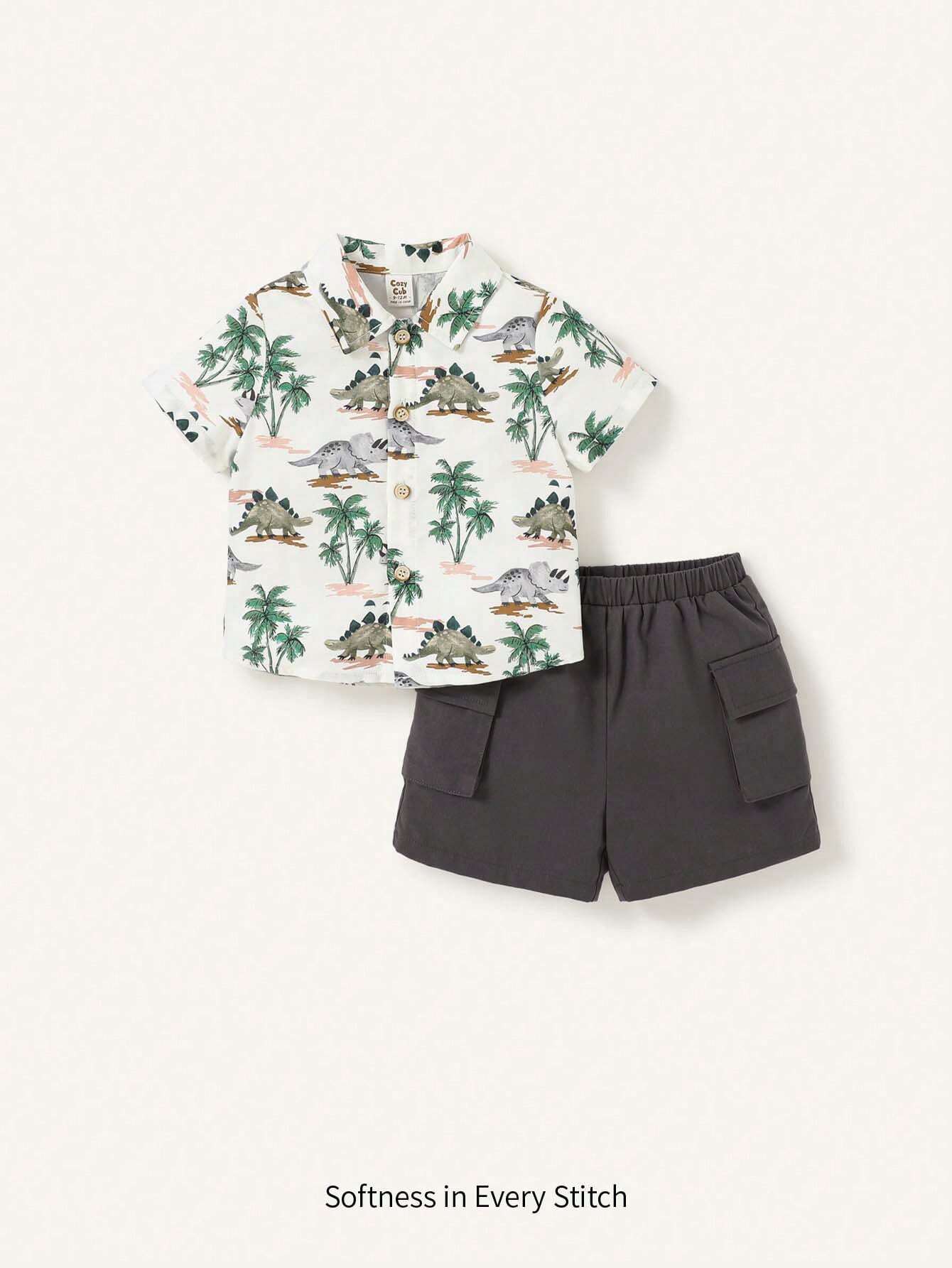 Baby Boys' Cartoon Dinosaur & Palm Tree Pattern Collared Short Sleeve Shirt With Side Pockets And Cargo Shorts