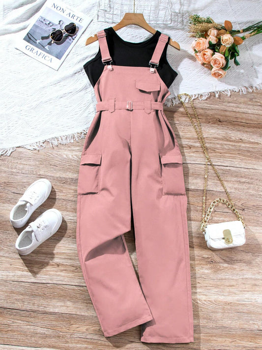 Casual 2 Pieces Set - Workwear Overalls Pants And Solid Color Round Neck Vest Pink