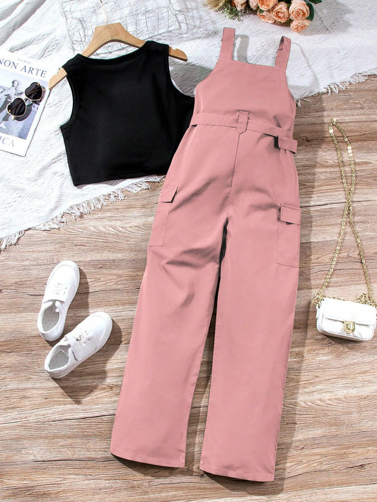 Casual 2 Pieces Set - Workwear Overalls Pants And Solid Color Round Neck Vest