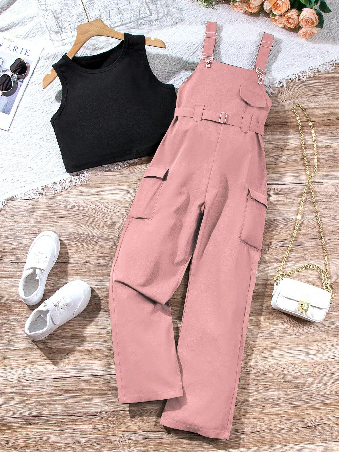 Casual 2 Pieces Set - Workwear Overalls Pants And Solid Color Round Neck Vest