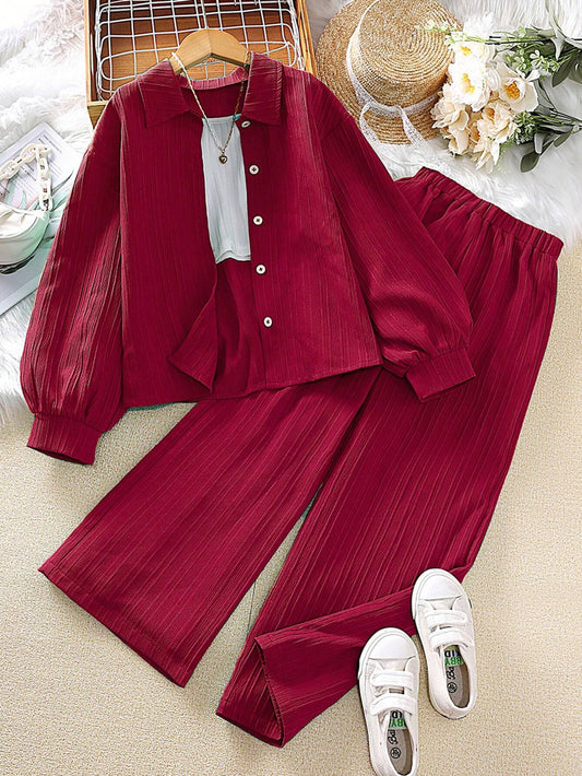 Tween Girl 2-Piece Set New Autumn Turn-Down Collar Long Sleeve Shirt And Long Pants Burgundy