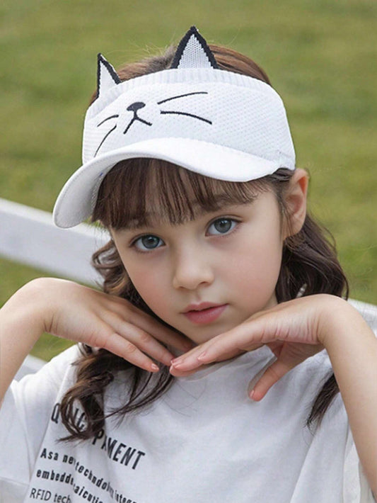 1pc Kid's Knitted Cat Face Embroidery Elastic Beanie Hat White