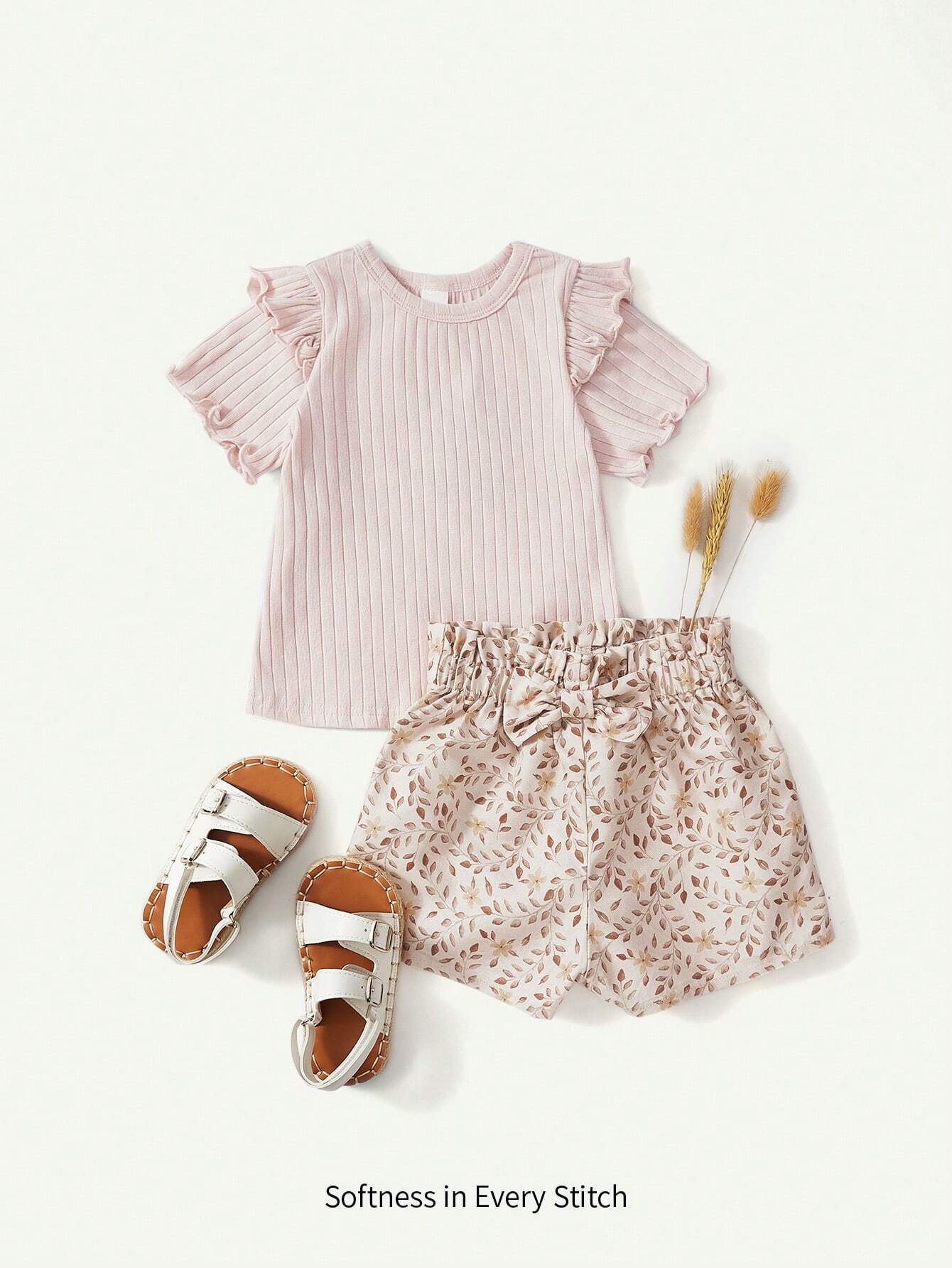 Baby Girl Solid Knit Soft Round Neck Ruffle Hem Pullover Top And Floral Pattern Leisure Shorts Apricot