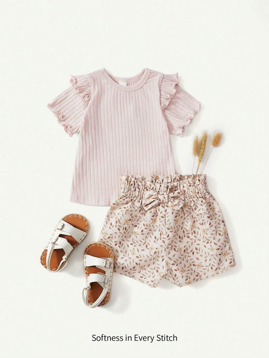 Baby Girl Solid Knit Soft Round Neck Ruffle Hem Pullover Top And Floral Pattern Leisure Shorts Apricot