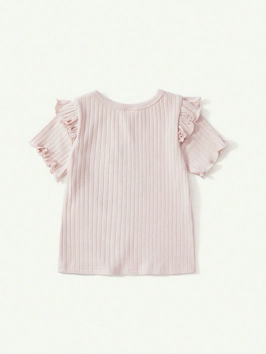Baby Girl Solid Knit Soft Round Neck Ruffle Hem Pullover Top And Floral Pattern Leisure Shorts