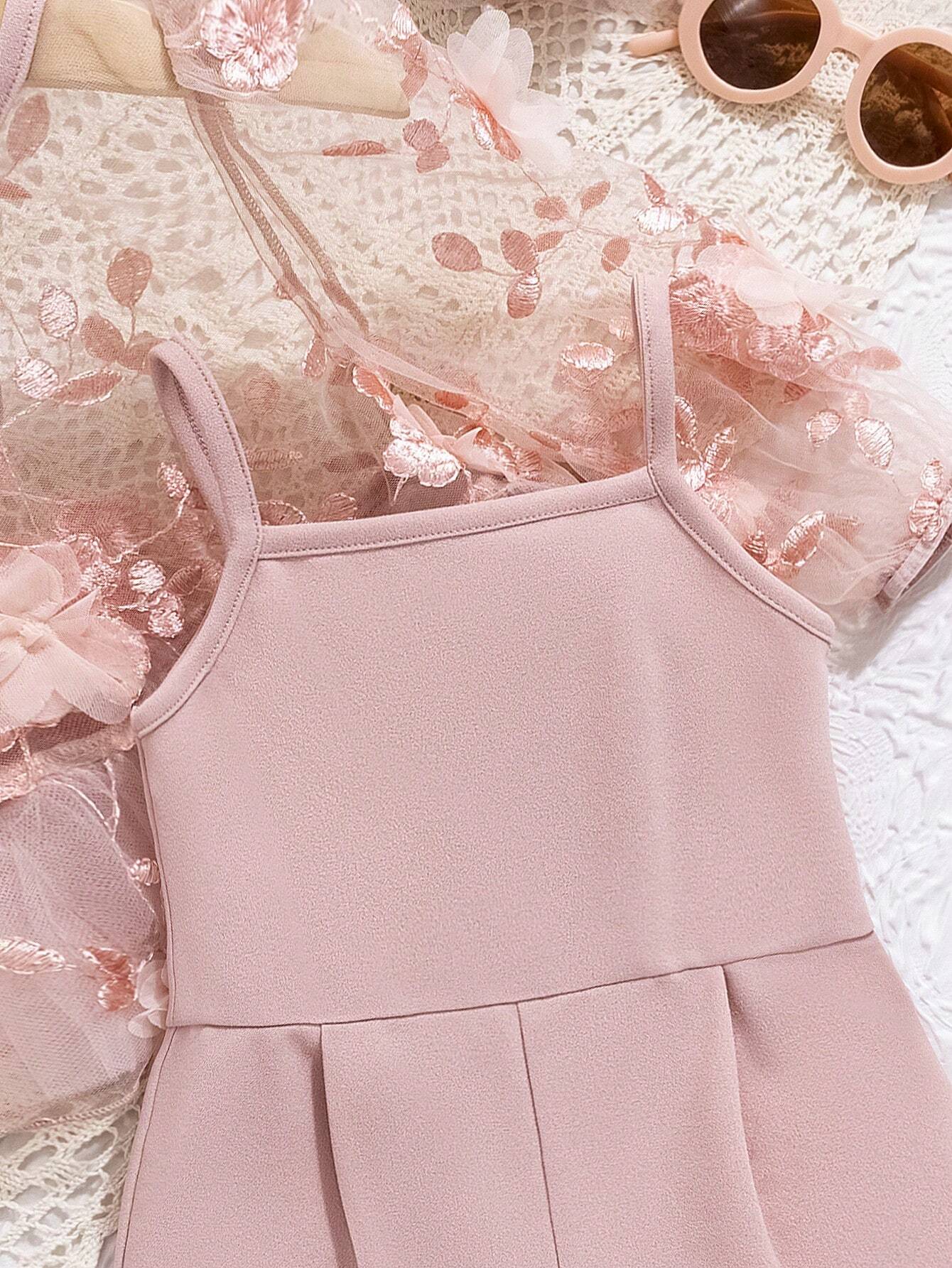 Baby Girl Summer Floral Patched Contrast Mesh Long Sleeve Top Elastic Waist Solid Jumpsuit Set