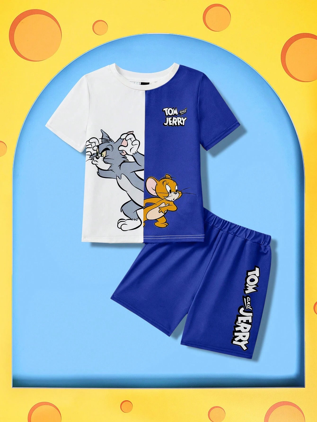 Young Boy Cartoon Graphic Colorblock Tee And Shorts Set Blue