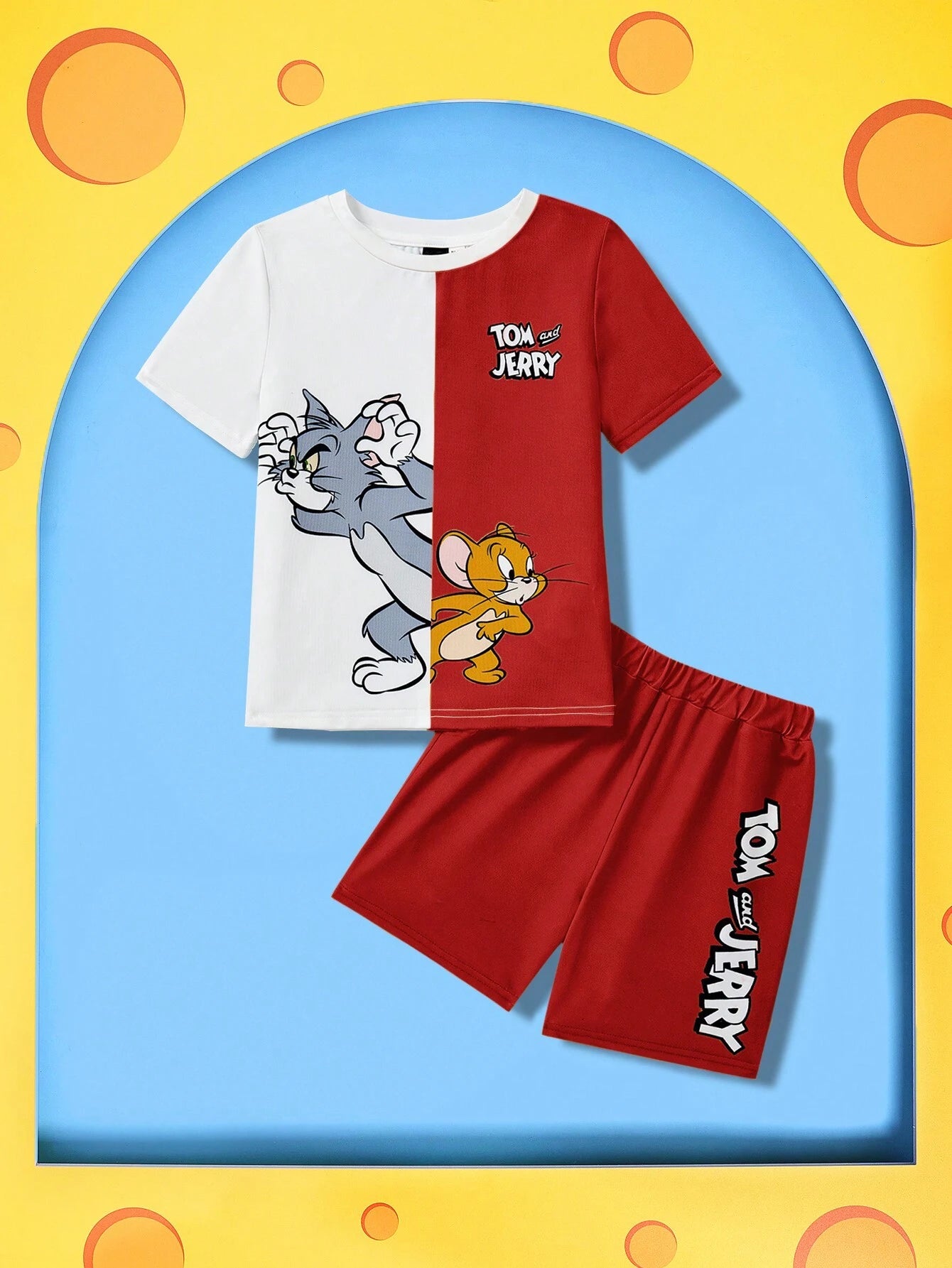 Young Boy Cartoon Graphic Colorblock Tee And Shorts Set Red