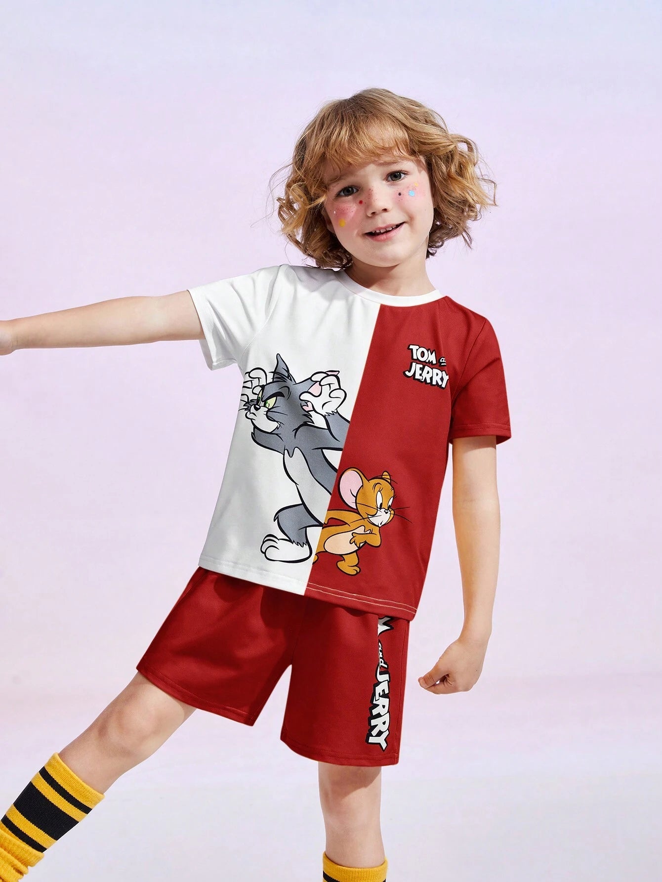 Young Boy Cartoon Graphic Colorblock Tee And Shorts Set
