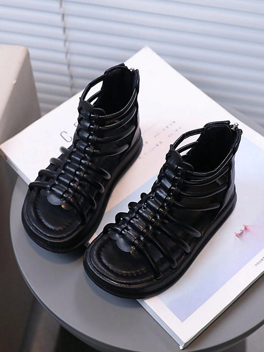 1pair Fashionable Princess Style Hollow Out Braided Zipper Back Roman Sandals