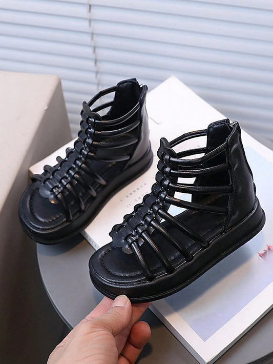 1pair Fashionable Princess Style Hollow Out Braided Zipper Back Roman Sandals Black