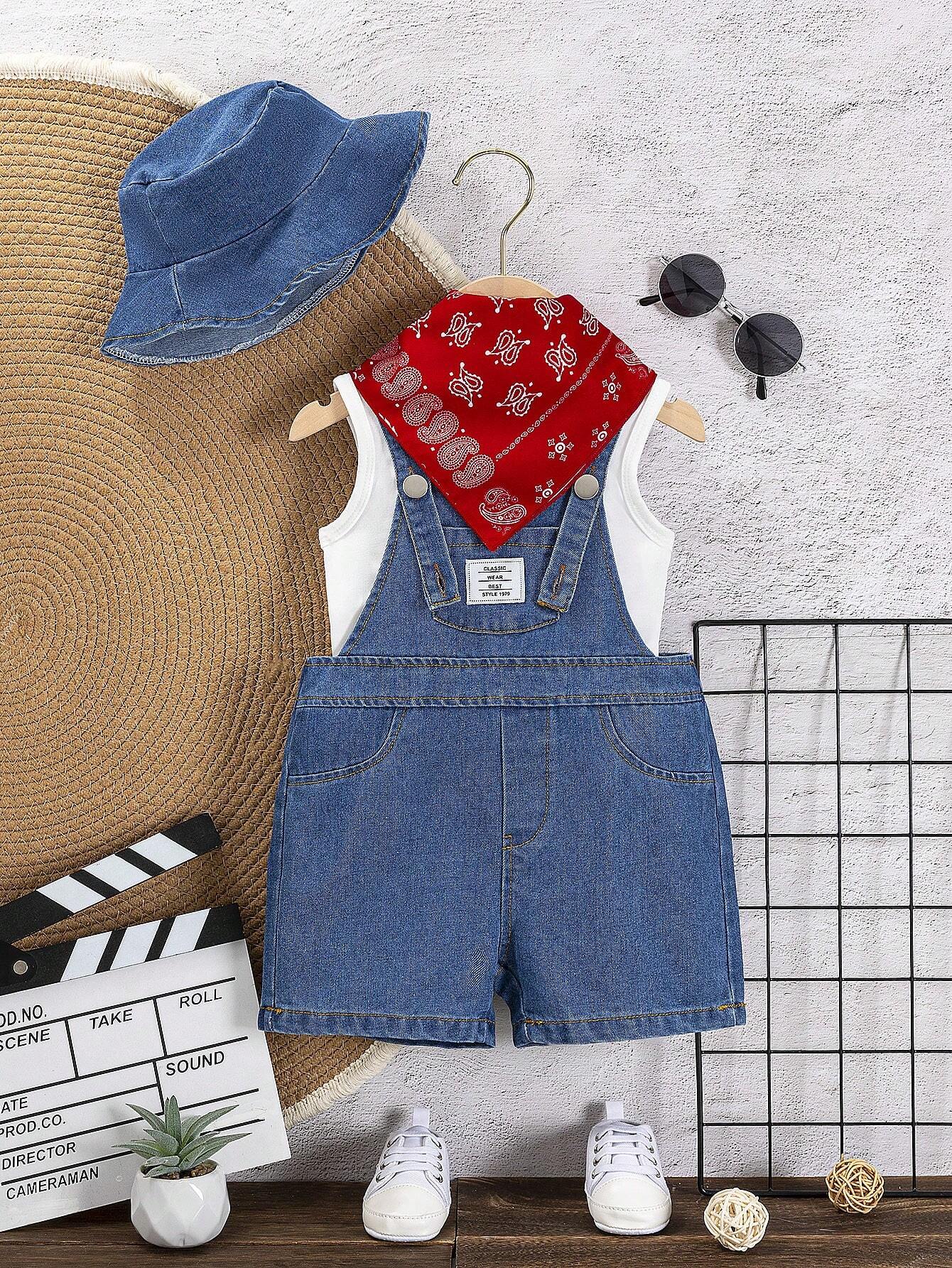 Baby Boy 4pcs/Set Light Wash Denim Overalls Shorts And Tank Top, Denim Hat And Red Bandana Set Light Wash