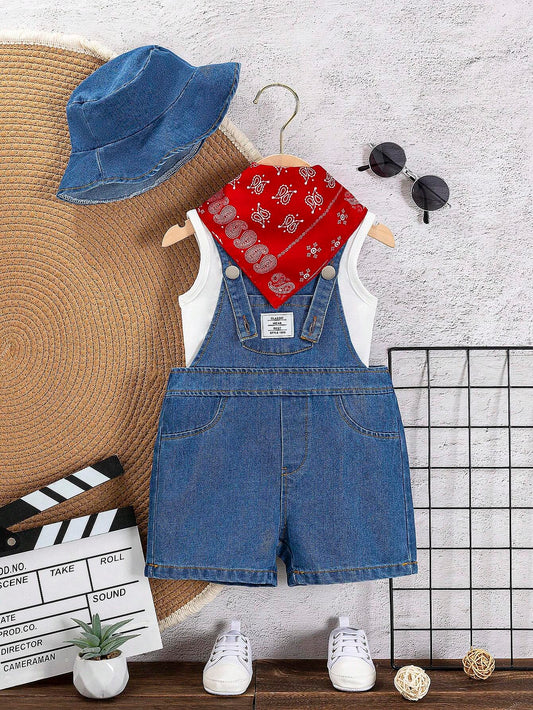 Baby Boy 4pcs/Set Light Wash Denim Overalls Shorts And Tank Top, Denim Hat And Red Bandana Set Light Wash