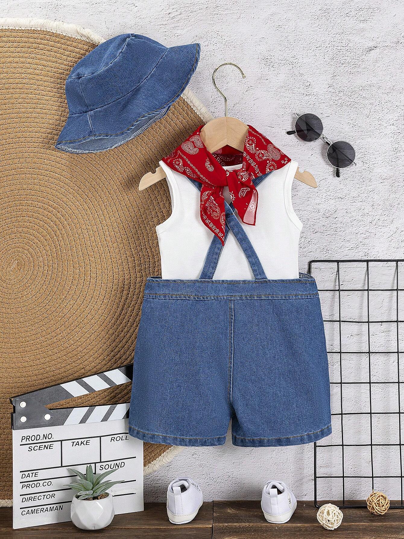 Baby Boy 4pcs/Set Light Wash Denim Overalls Shorts And Tank Top, Denim Hat And Red Bandana Set