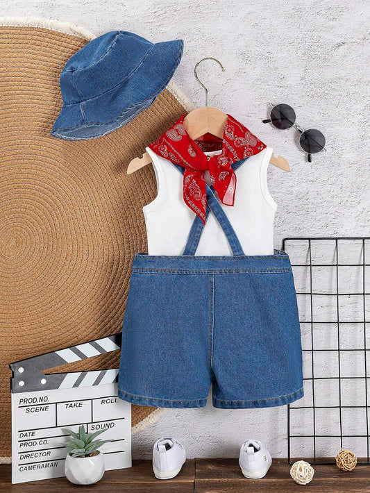 Baby Boy 4pcs/Set Light Wash Denim Overalls Shorts And Tank Top, Denim Hat And Red Bandana Set