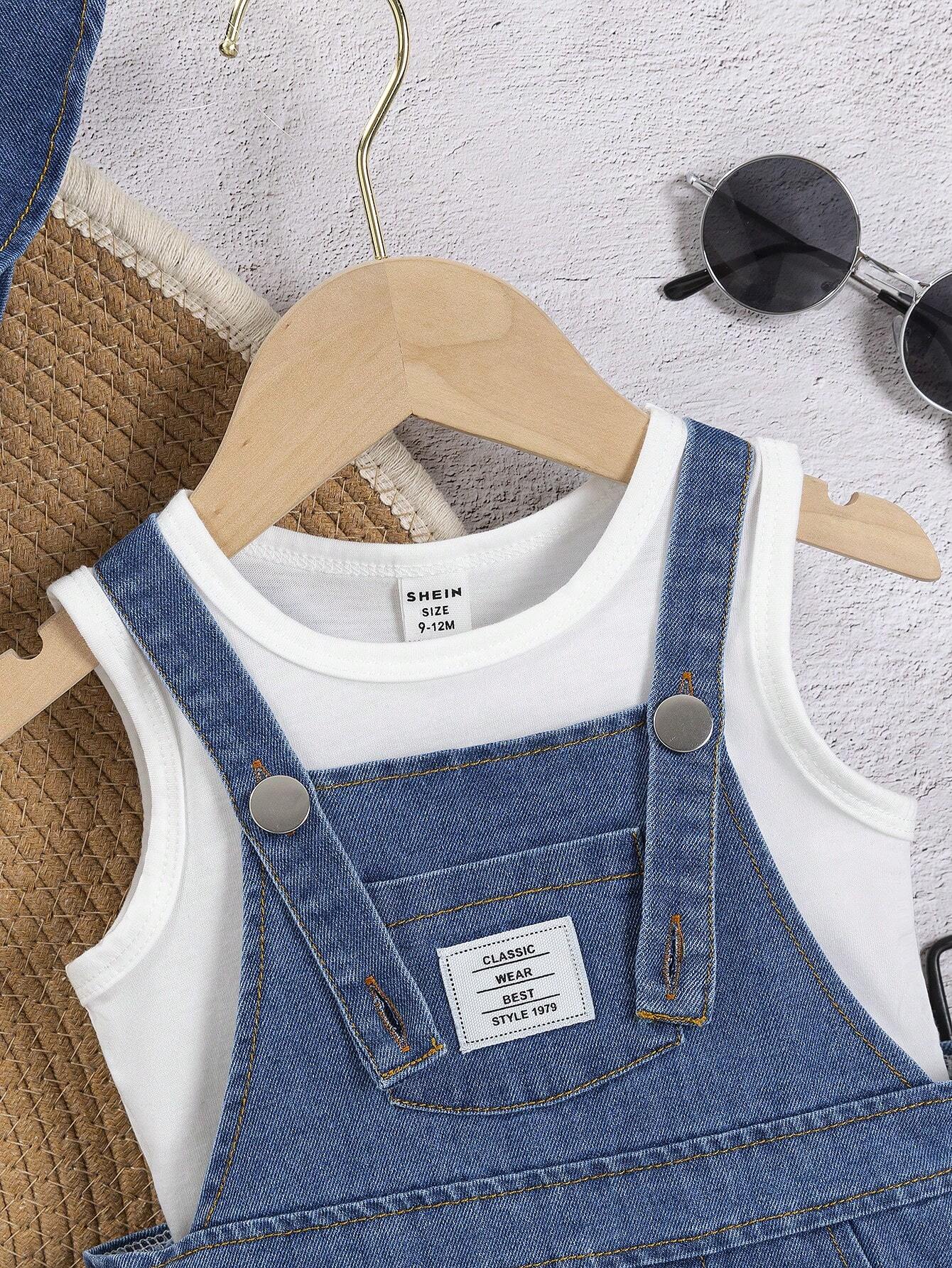 Baby Boy 4pcs/Set Light Wash Denim Overalls Shorts And Tank Top, Denim Hat And Red Bandana Set