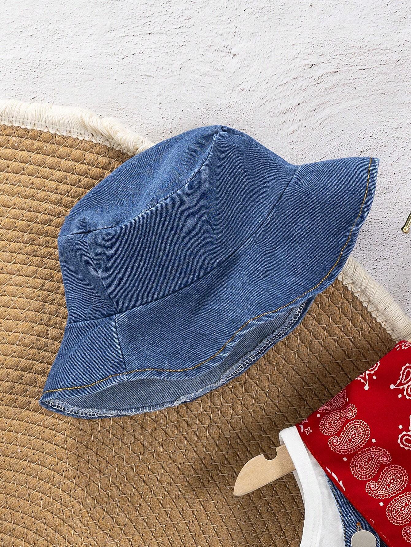 Baby Boy 4pcs/Set Light Wash Denim Overalls Shorts And Tank Top, Denim Hat And Red Bandana Set