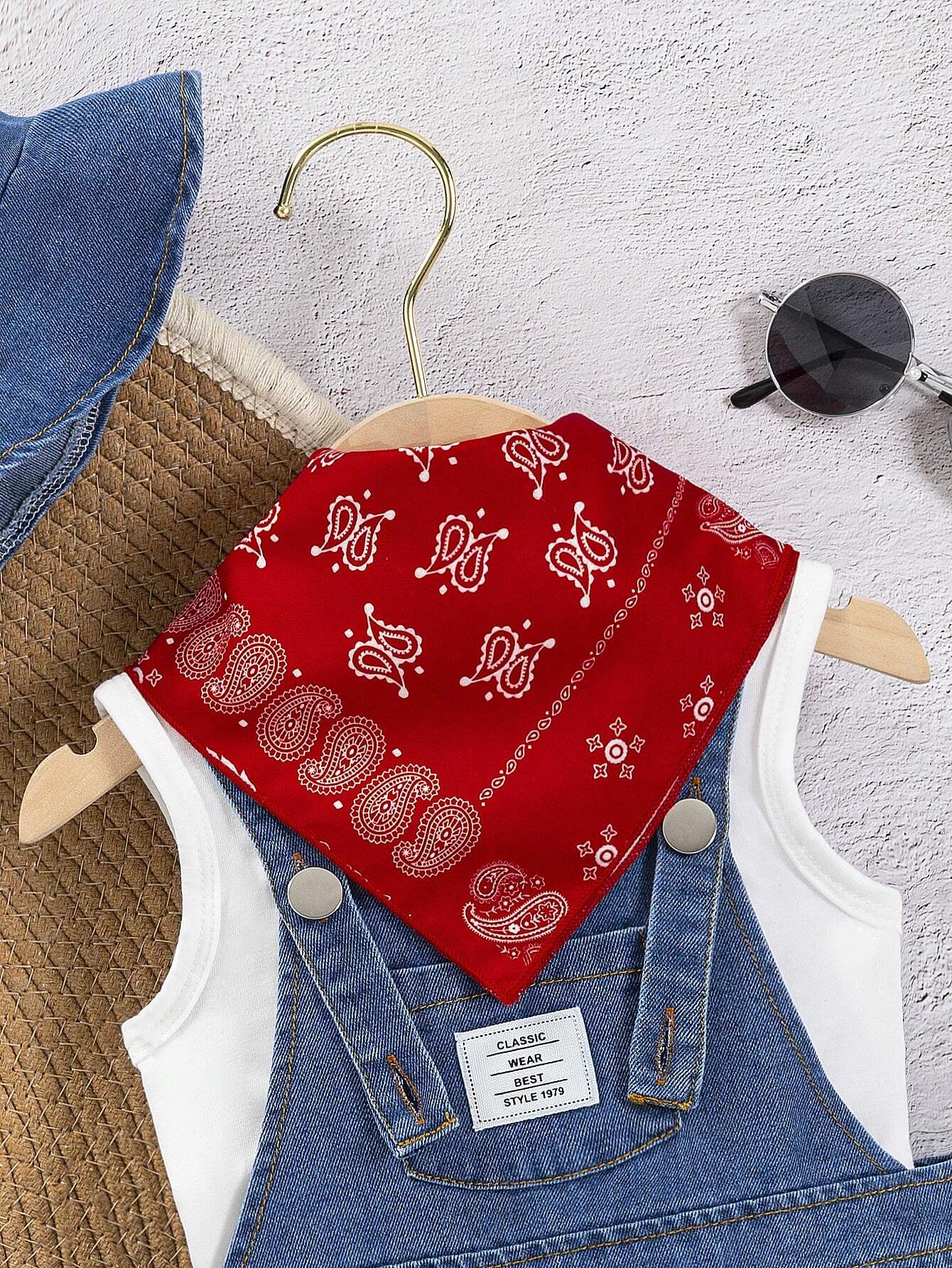 Baby Boy 4pcs/Set Light Wash Denim Overalls Shorts And Tank Top, Denim Hat And Red Bandana Set