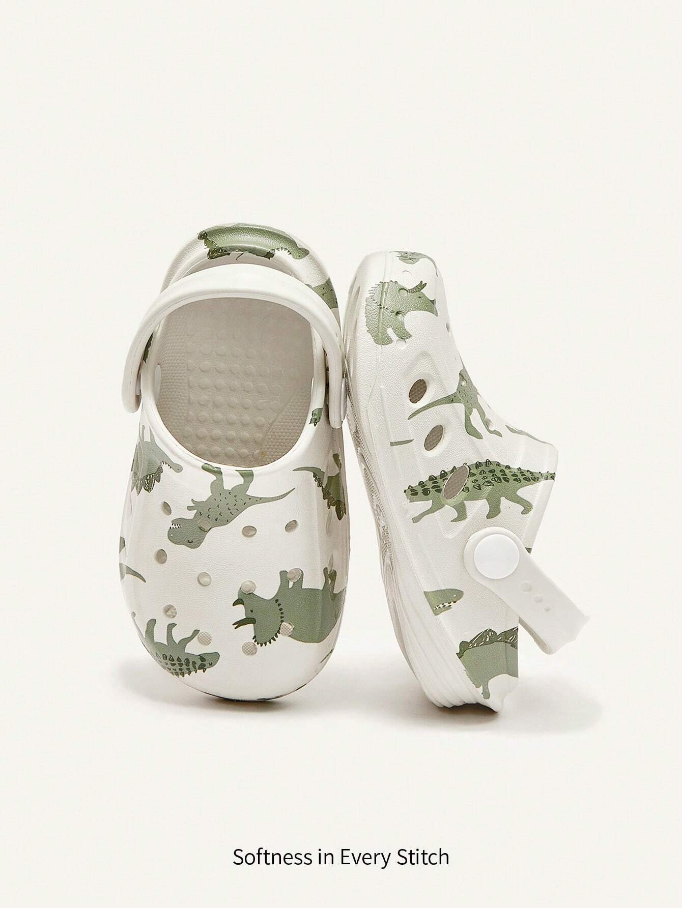 Cozy Pixies Cute And Fun Dinosaur Printed Cartoon Baby Clogs White