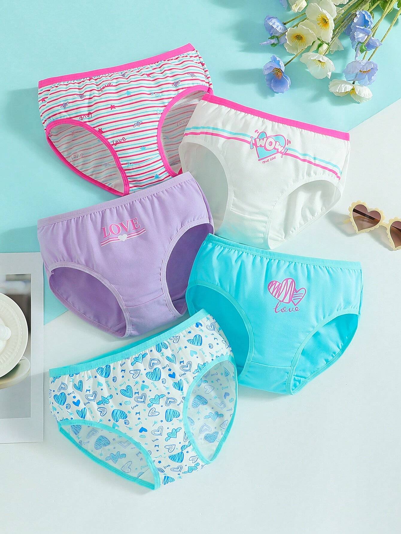 Tween Girl 5pcs Striped & Heart Print Contrast Binding Brief Mint Blue