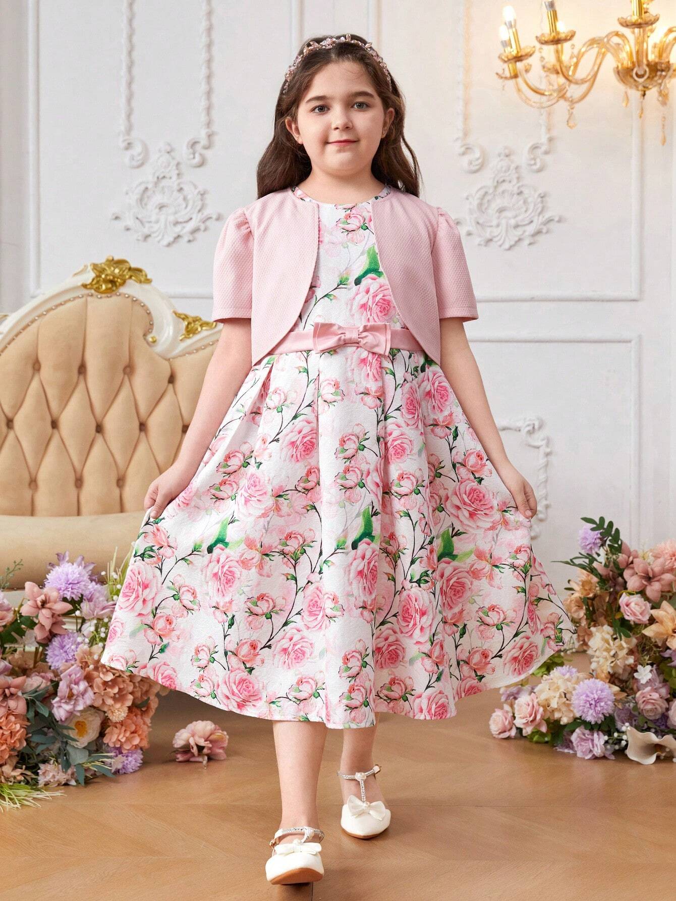 Solid Weave Short Sleeve Cardigan Top And Floral Printed Dress Set Pink 9P