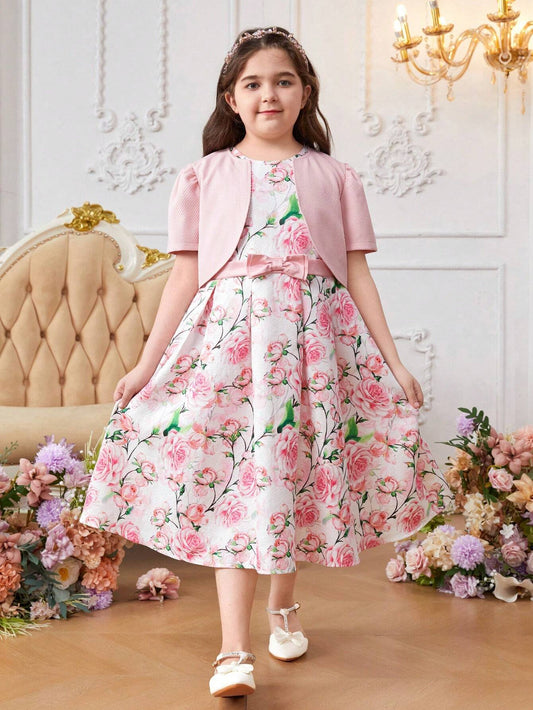 Solid Weave Short Sleeve Cardigan Top And Floral Printed Dress Set Pink 9P