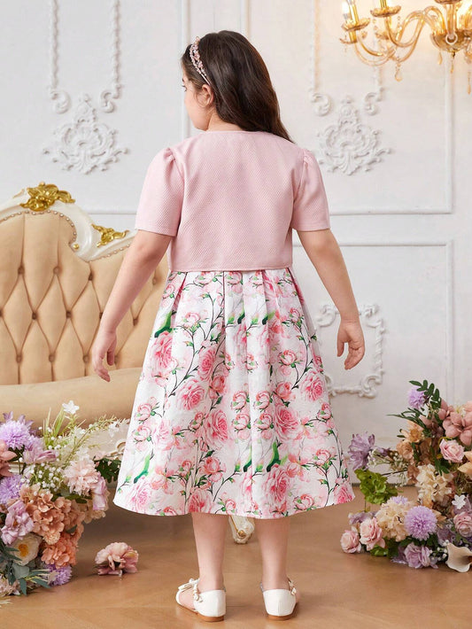 Solid Weave Short Sleeve Cardigan Top And Floral Printed Dress Set