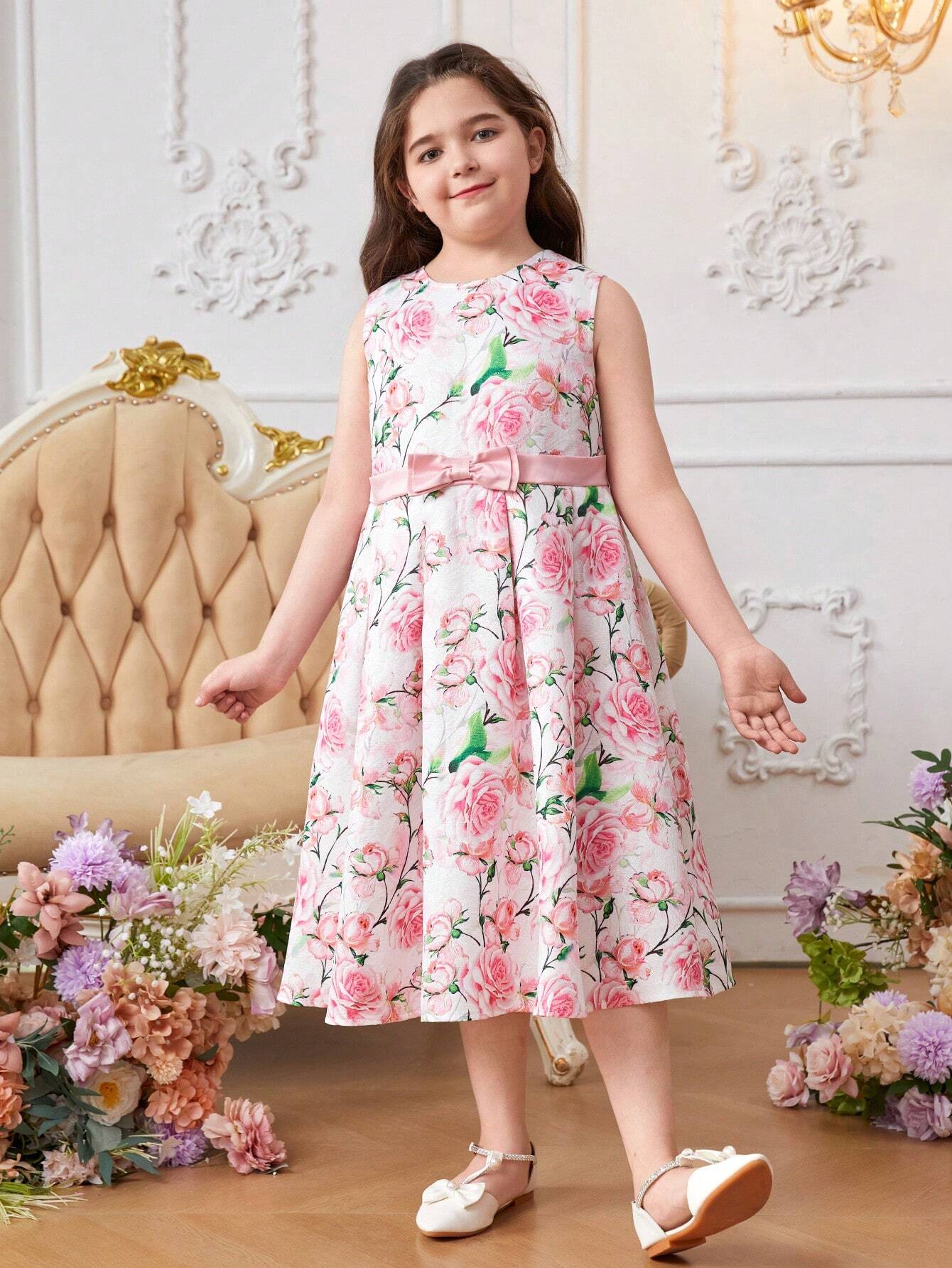 Solid Weave Short Sleeve Cardigan Top And Floral Printed Dress Set