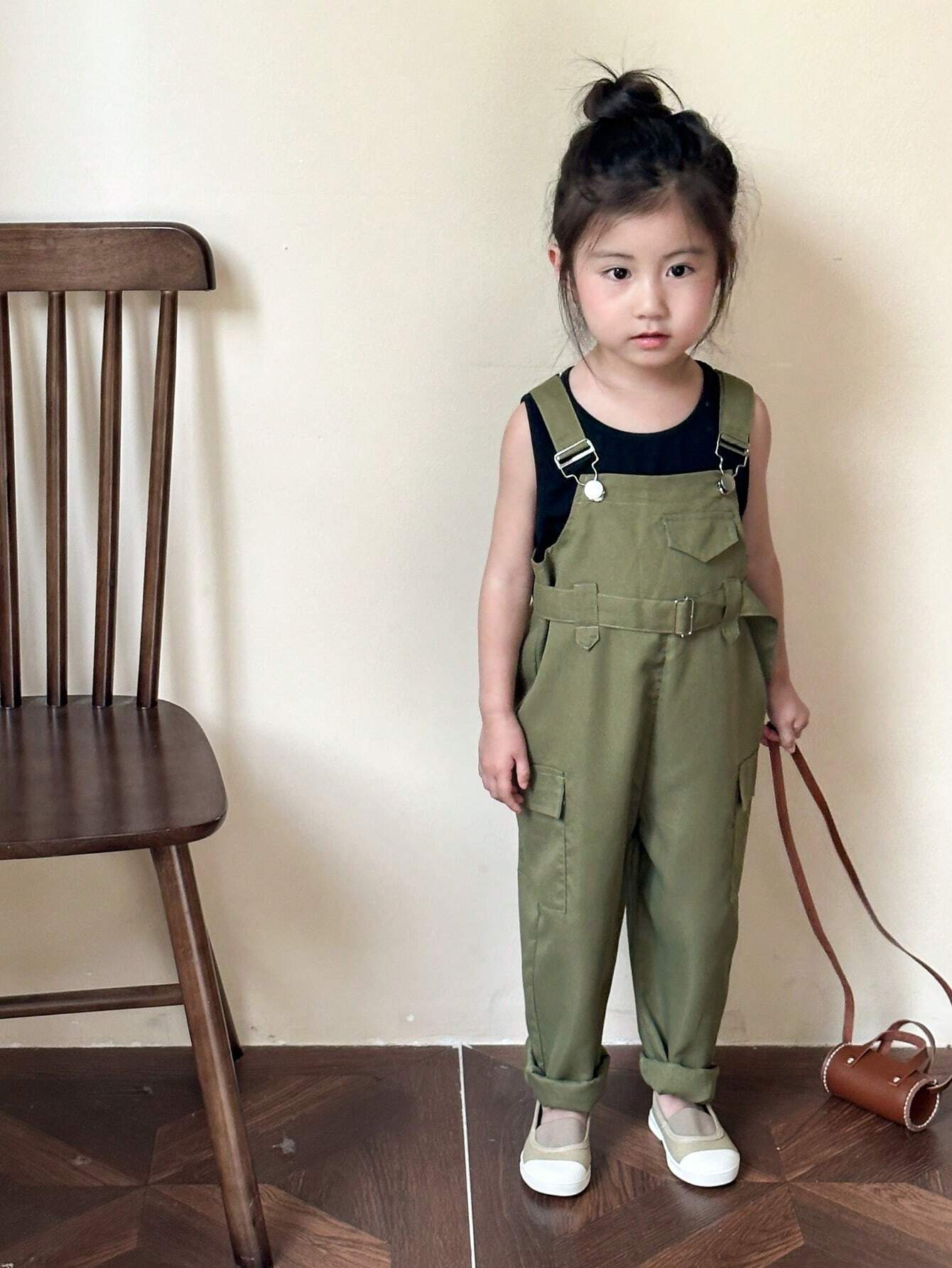 Young Girl Fashionable Casual Solid Color Vest & Suspenders Pants