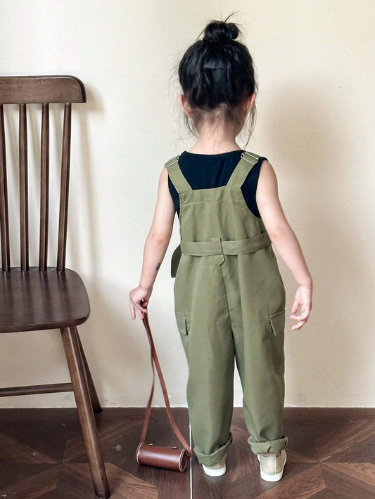 Young Girl Fashionable Casual Solid Color Vest & Suspenders Pants