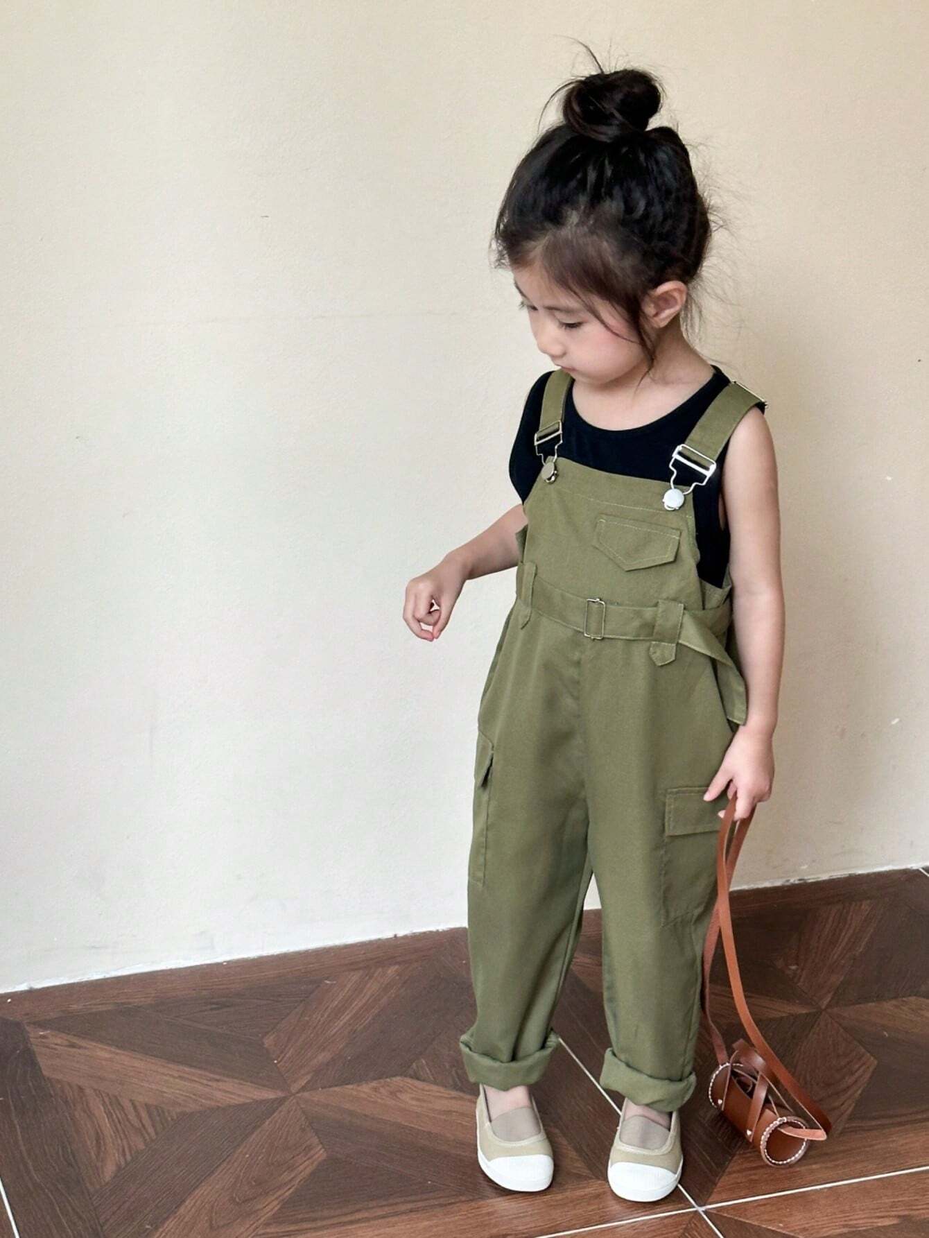 Young Girl Fashionable Casual Solid Color Vest & Suspenders Pants Army Green