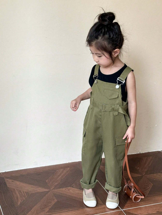 Young Girl Fashionable Casual Solid Color Vest & Suspenders Pants Army Green